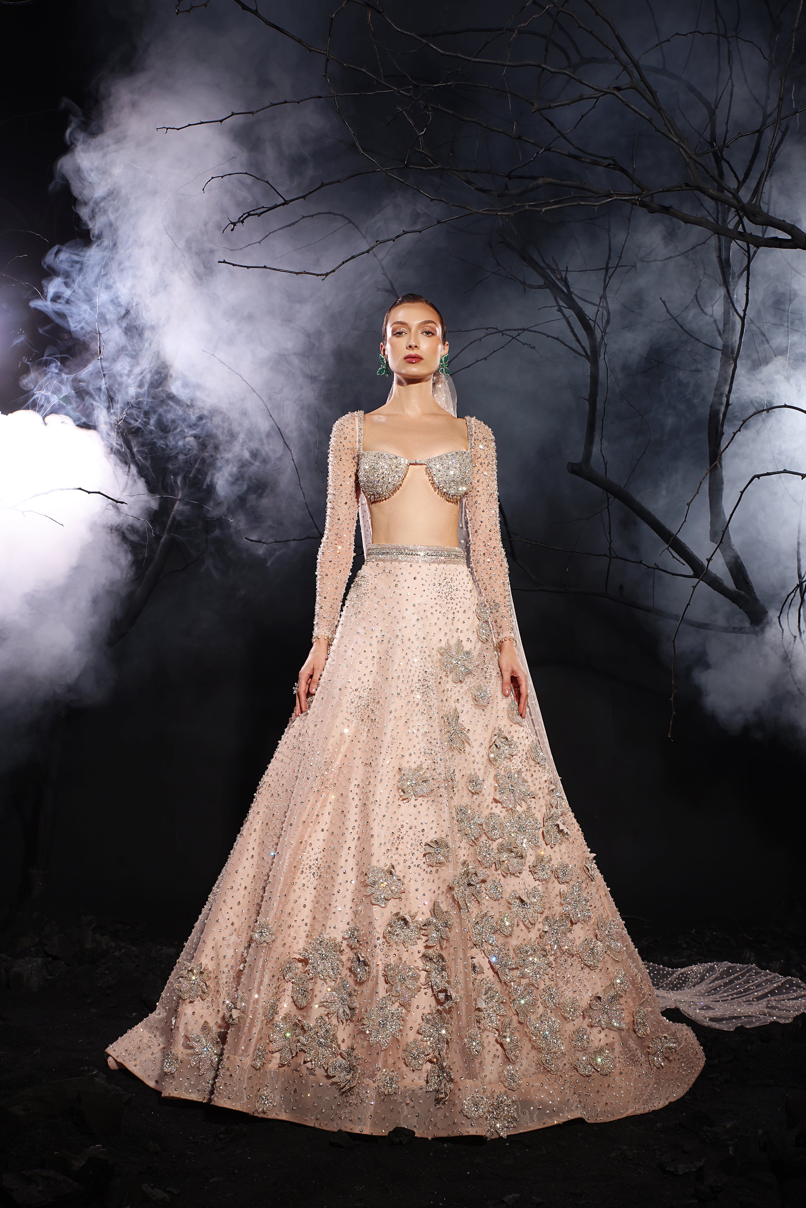 Bora Honey’s Nude Pink Hand-Embroidered Lehenga Set With Head Veil