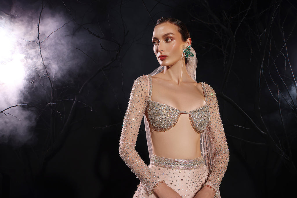 Bora Honey’s Nude Pink Hand-Embroidered Lehenga Set With Head Veil