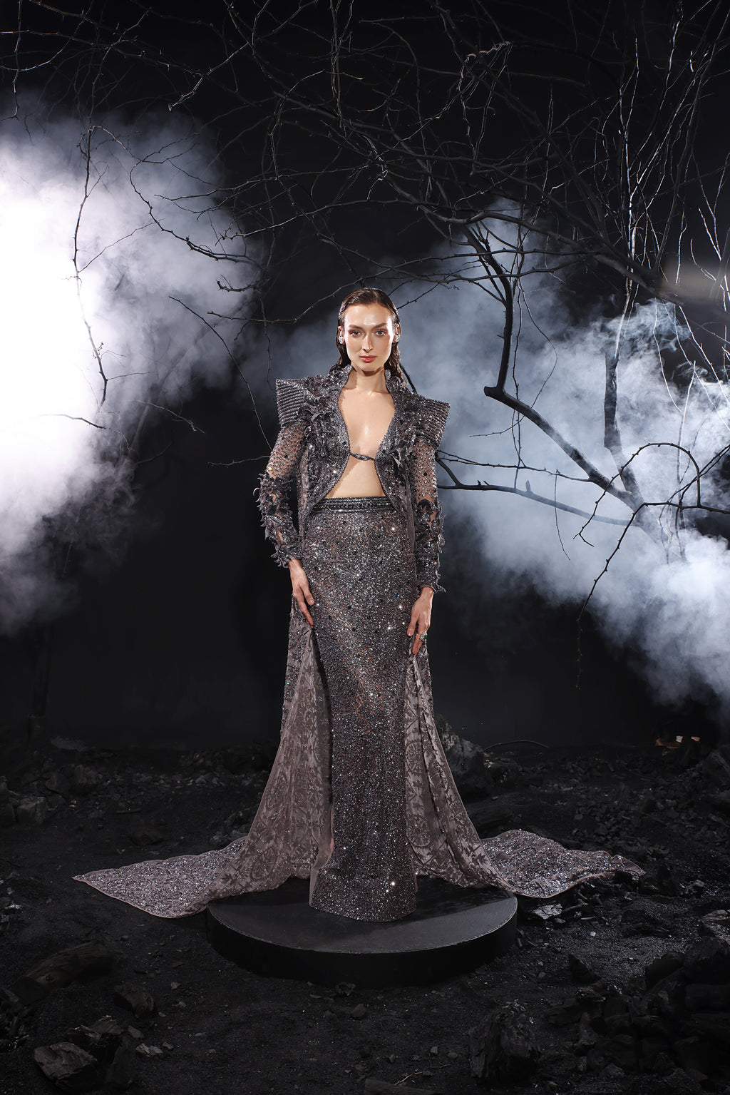 Baritone Blue Three-Piece Co-ord Set (Straight Fit Skirt, Blazer & Bralette )