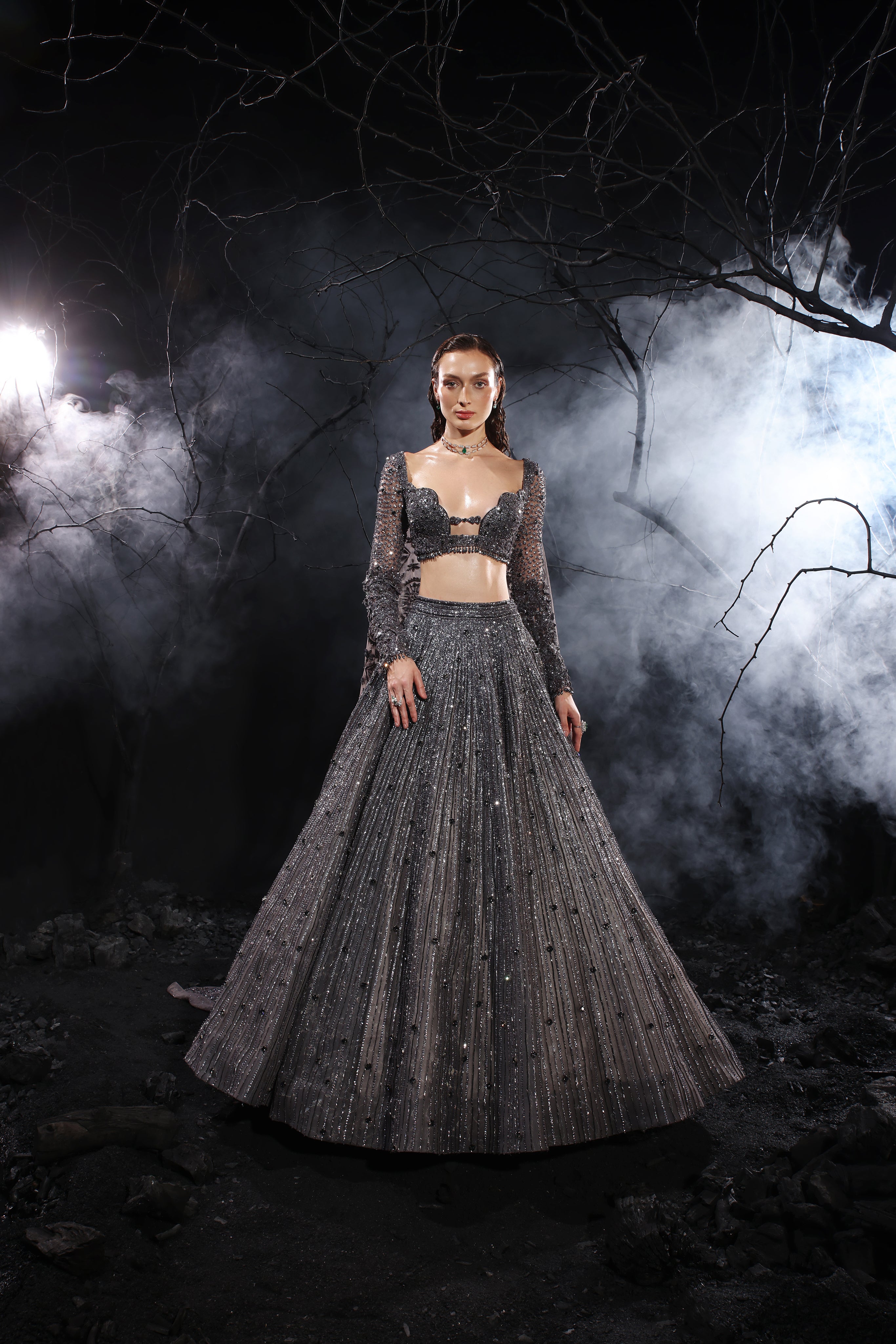 Bora Honeys Hand Embroidered Baritone Blue Lehnga Choli with Shoulder Cape.