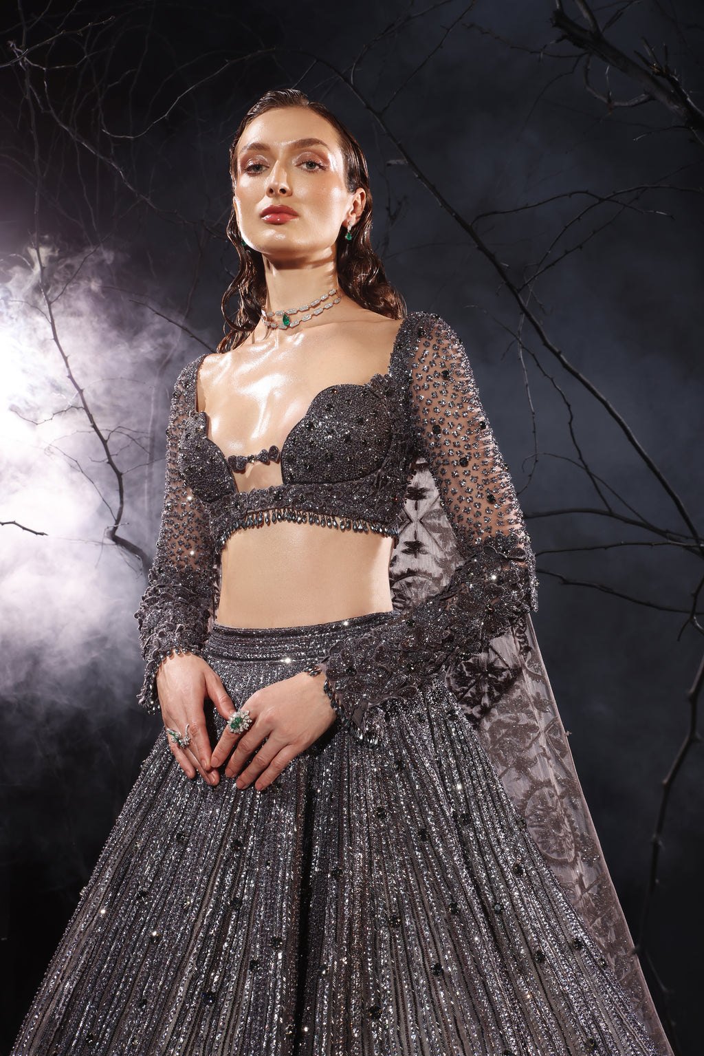 Bora Honeys Hand Embroidered Baritone Blue Lehnga Choli with Shoulder Cape.