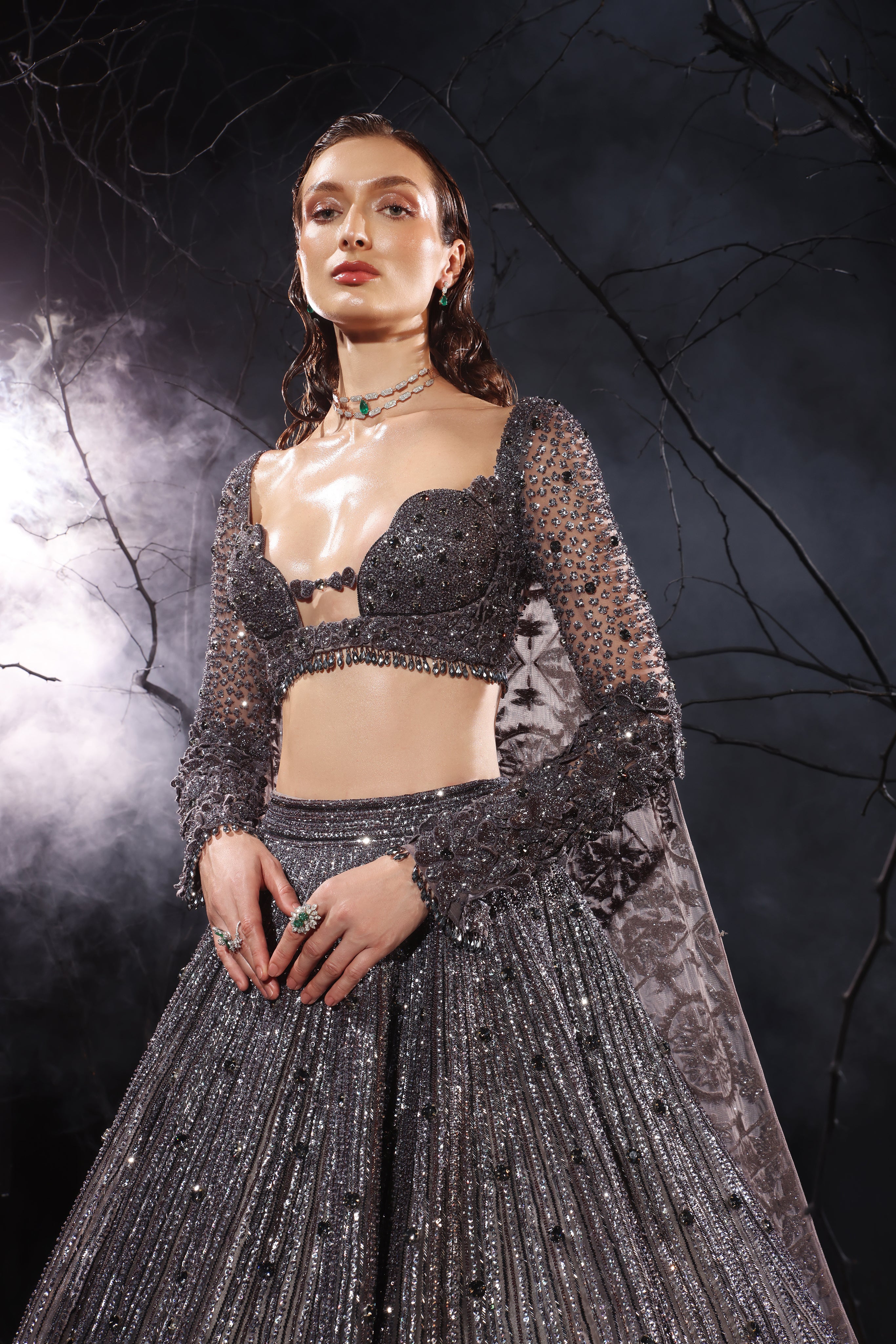 Bora Honeys Hand Embroidered Baritone Blue Lehnga Choli with Shoulder Cape.