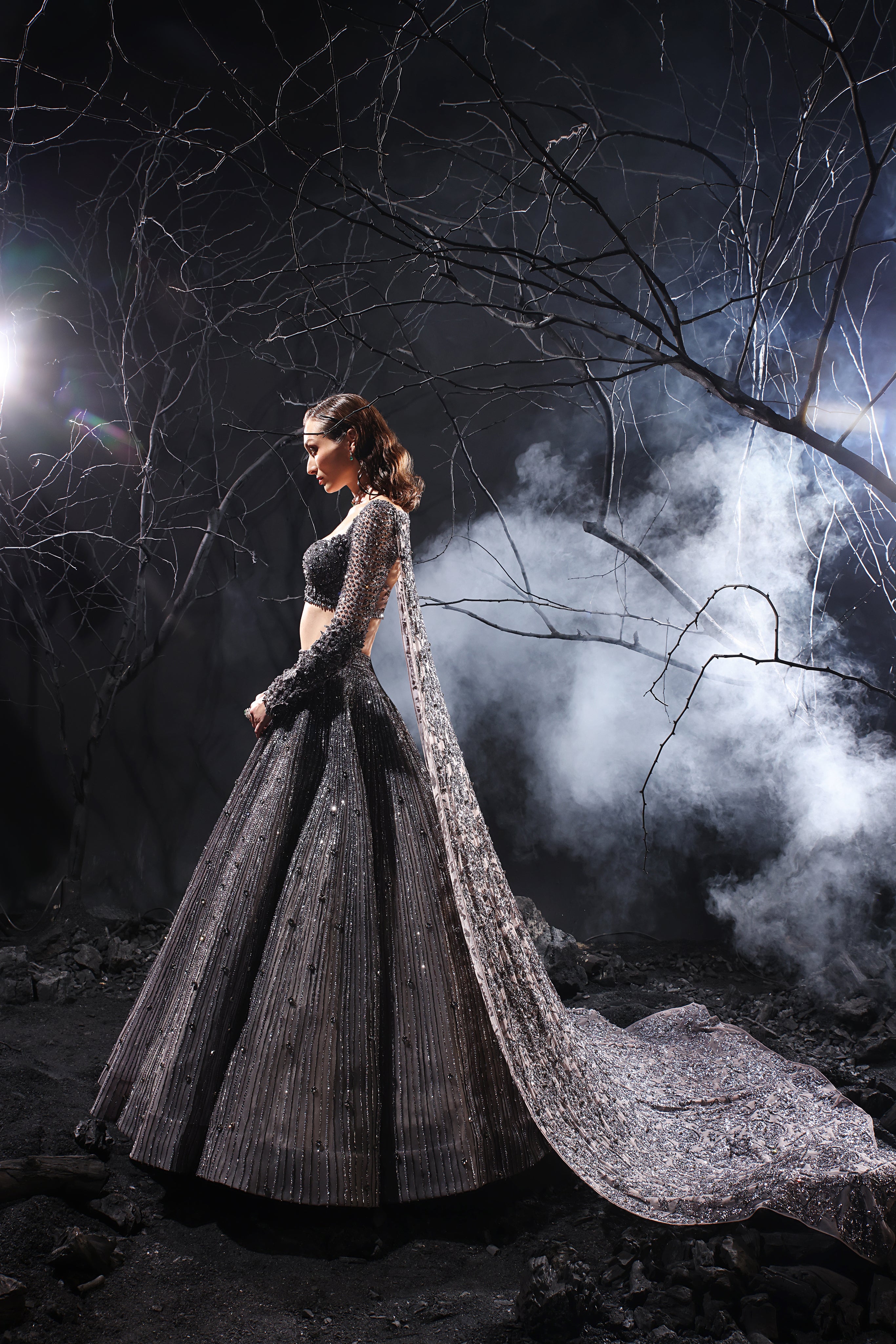 Bora Honeys Hand Embroidered Baritone Blue Lehnga Choli with Shoulder Cape.