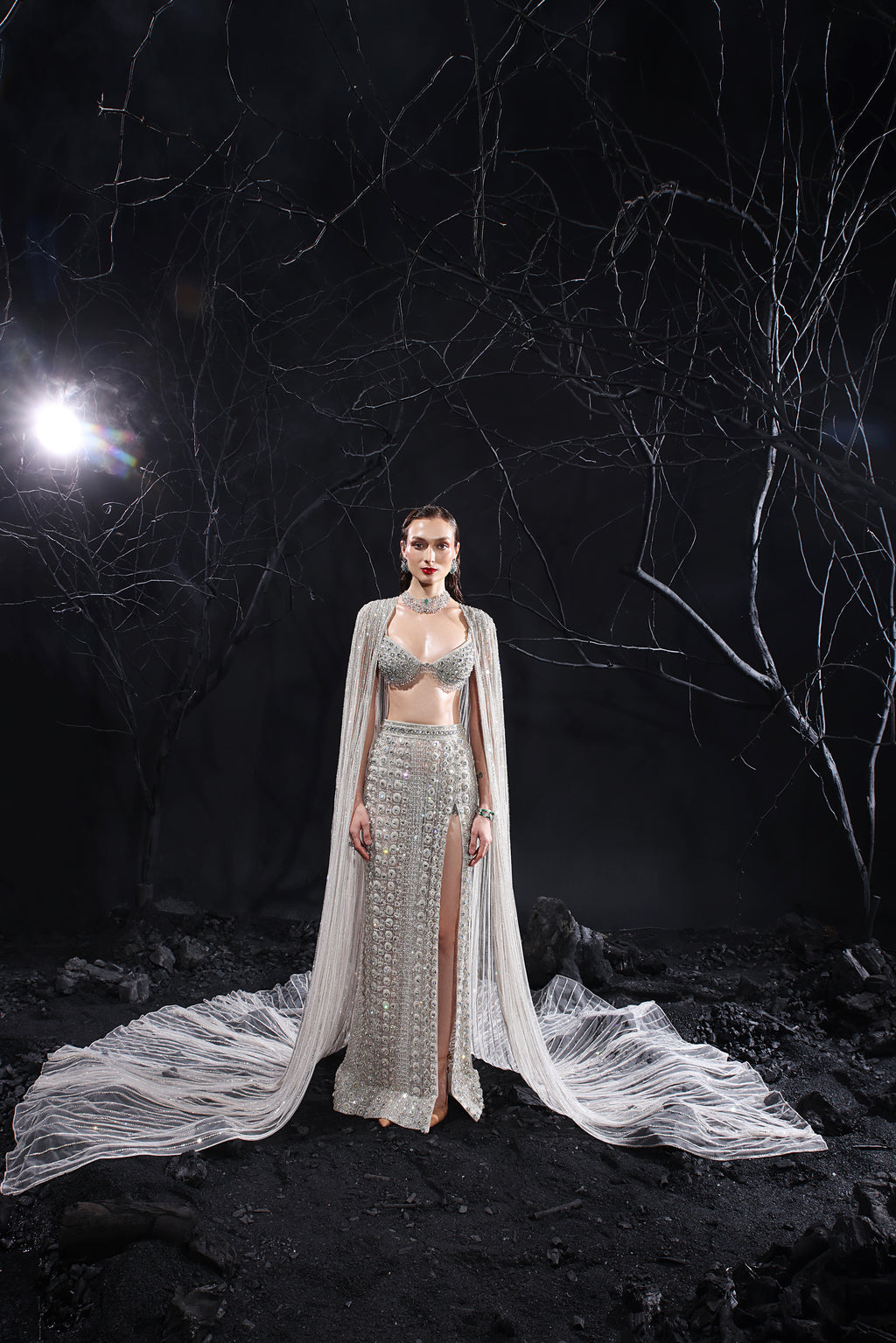 Moonlit Silver Three-Piece Couture Cape Set (Bralette, Slit Skirt & Feathered Cape)