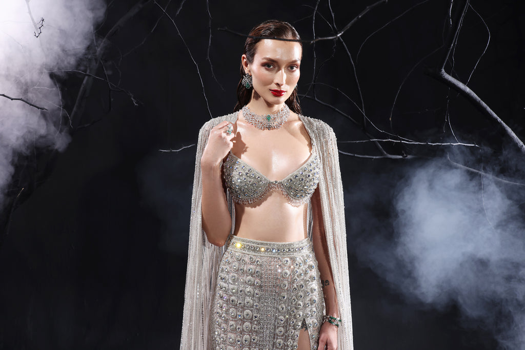 Moonlit Silver Three-Piece Couture Cape Set (Bralette, Slit Skirt & Feathered Cape)