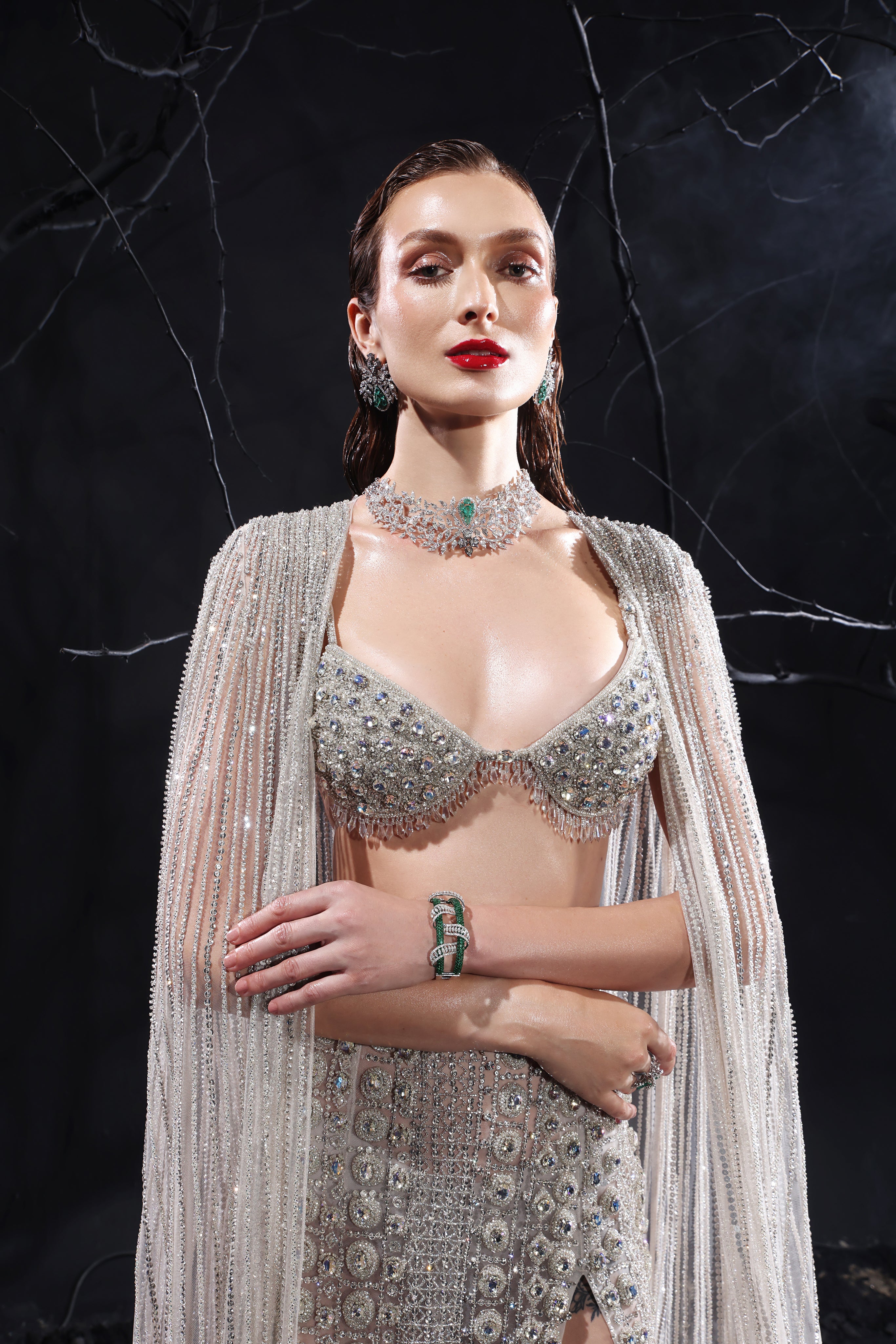 Moonlit Silver Three-Piece Couture Cape Set (Bralette, Slit Skirt & Feathered Cape)