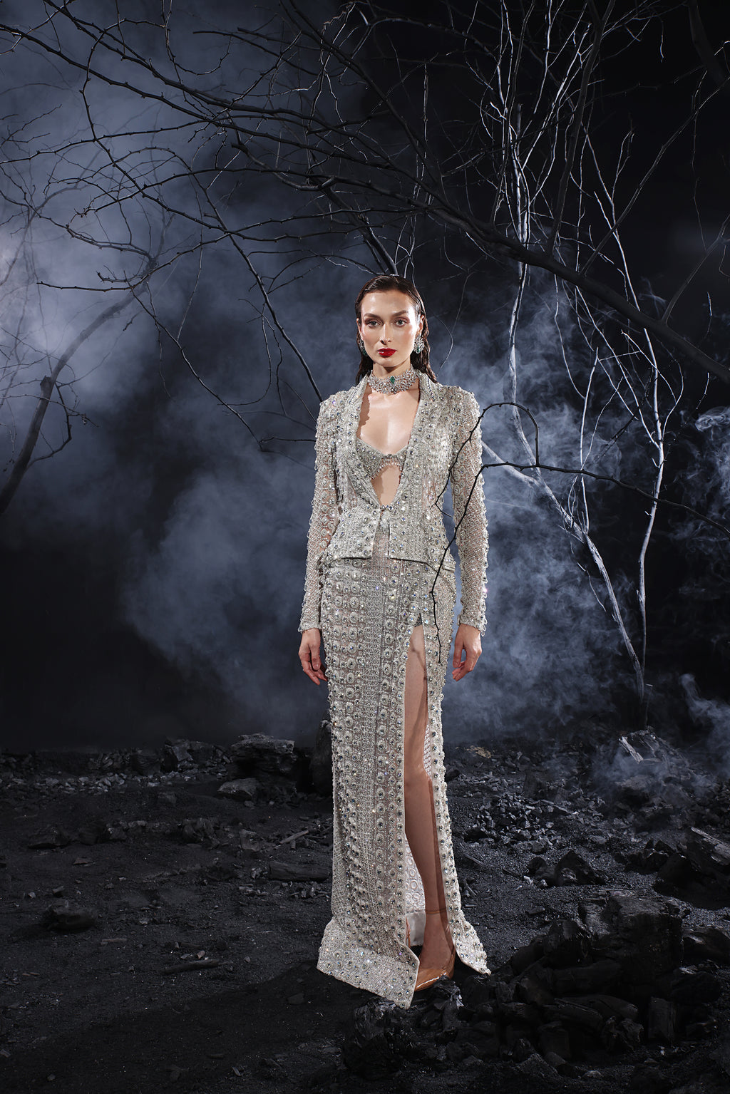 Silver 3D Hand-Embroidered Crystal Co-ord Set— Blazer, Bralette & Straight Skirt.