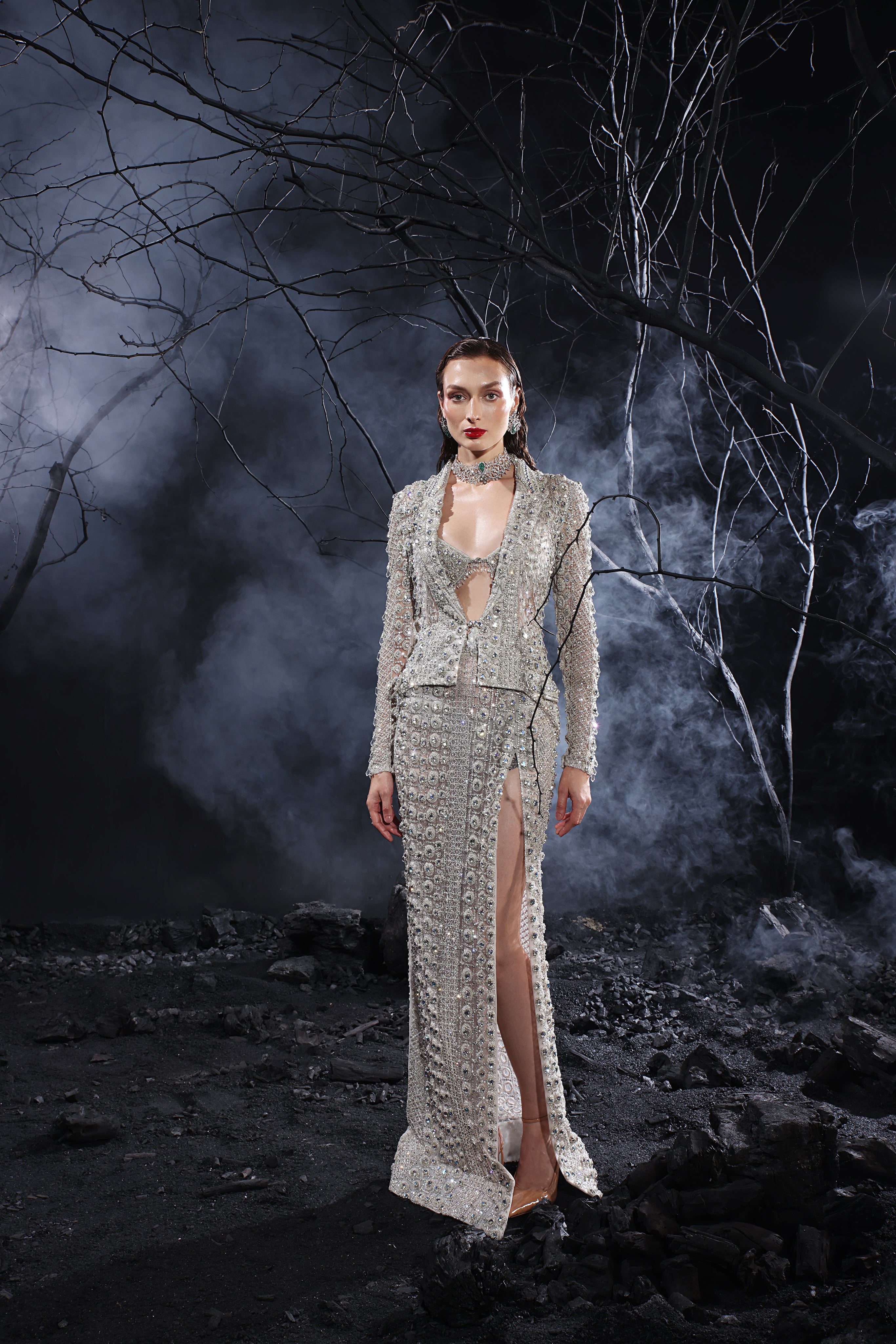 Silver 3D Hand-Embroidered Crystal Co-ord Set— Blazer, Bralette & Straight Skirt.