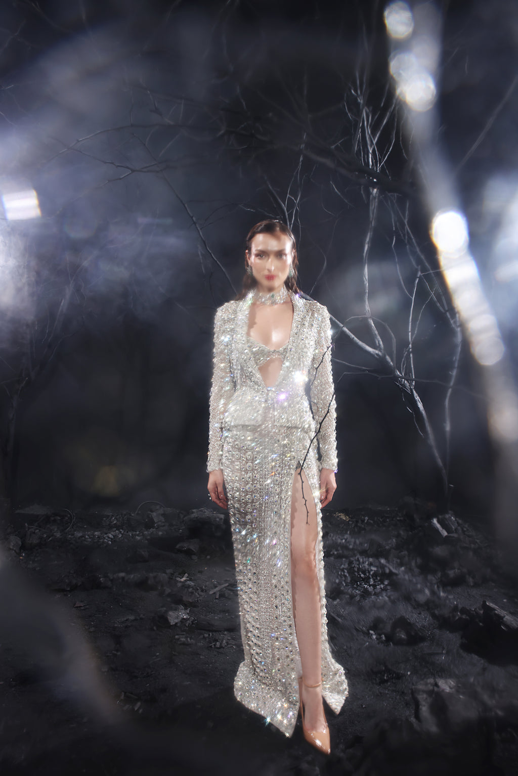 Silver 3D Hand-Embroidered Crystal Co-ord Set— Blazer, Bralette & Straight Skirt.