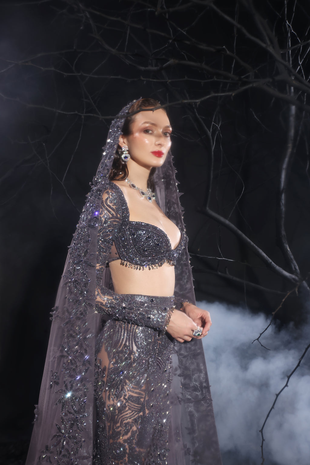 Persian Night 3D Embroidered Fish-Cut Skirt, Deep-Neck Choli & Head Trail