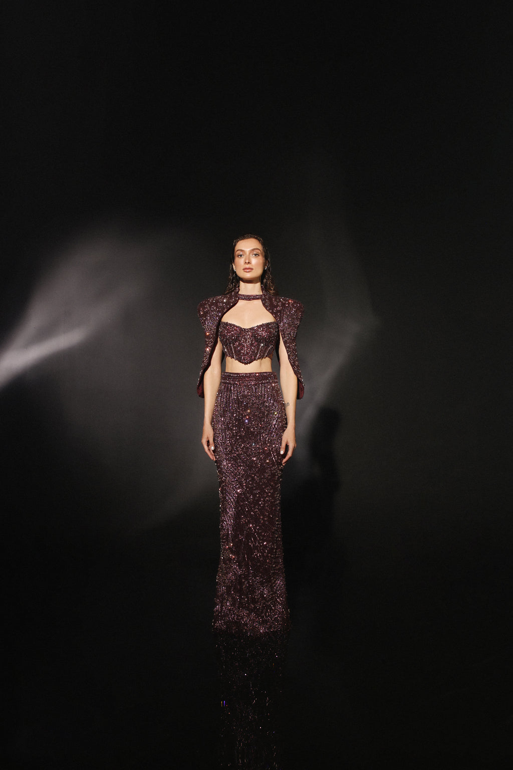 3D Hand-Embroidered Plum Metallic Straight Skirt Set with Structured Cape Sleeves