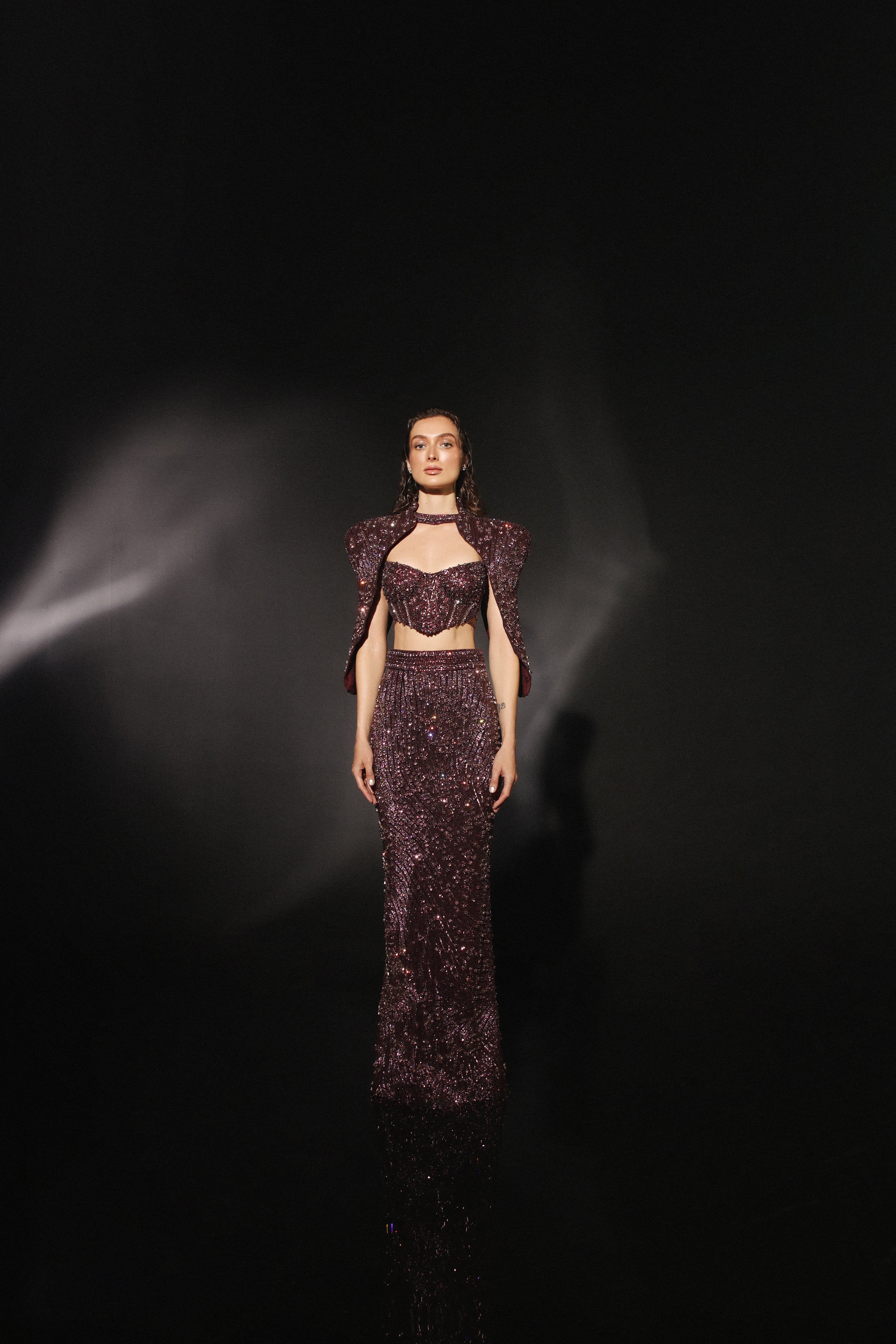 3D Hand-Embroidered Plum Metallic Straight Skirt Set with Structured Cape Sleeves