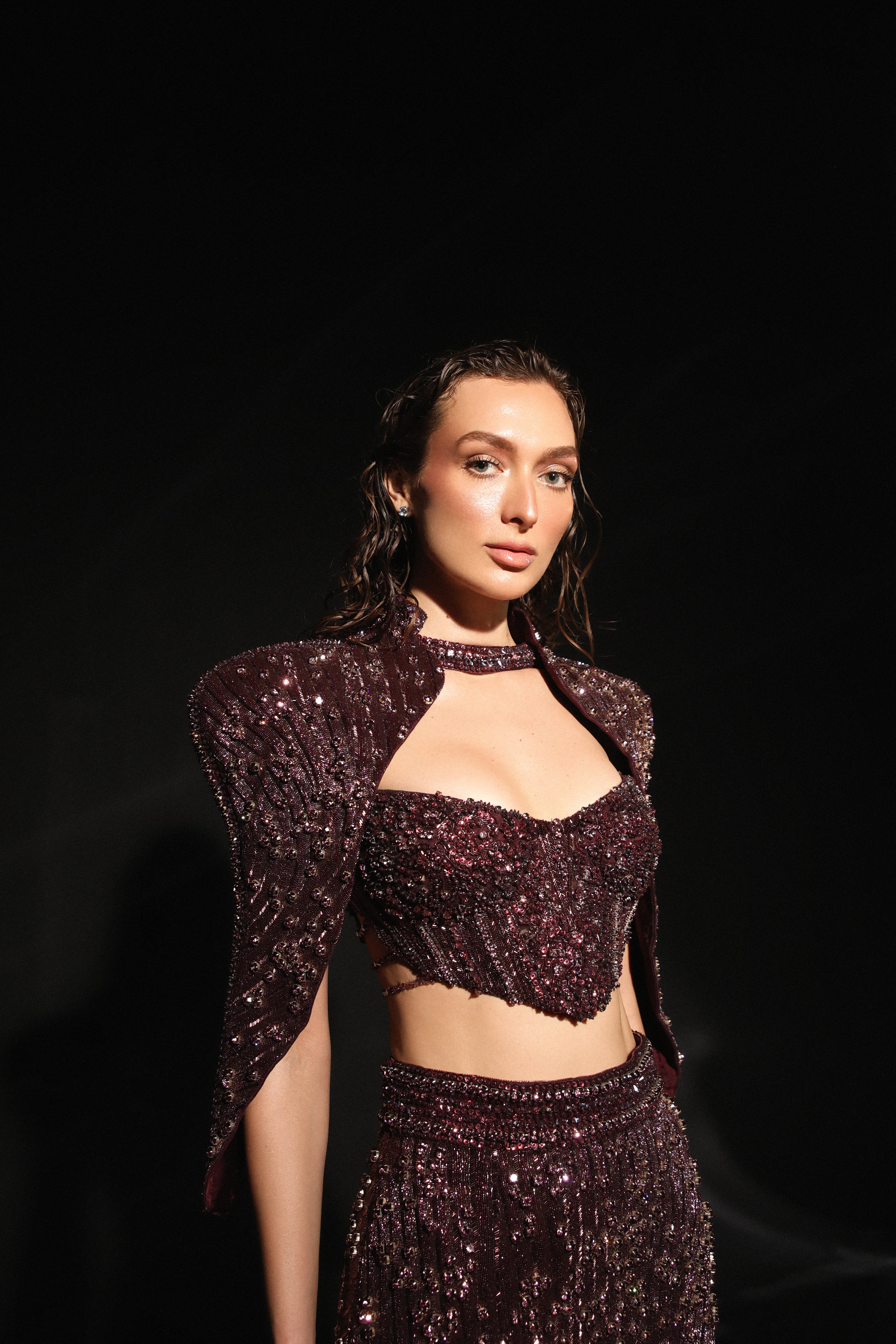 3D Hand-Embroidered Plum Metallic Straight Skirt Set with Structured Cape Sleeves