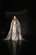 Charcoal Blue Straight Skirt Set with Corset Blouse & Shoulder Trails