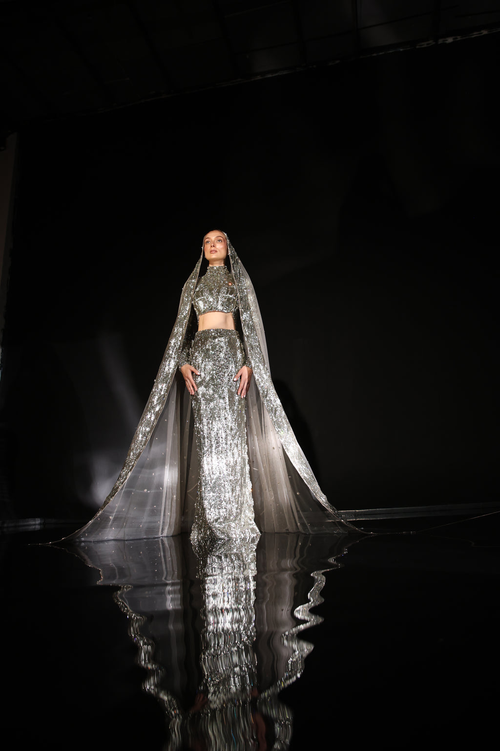 3D Hand-Embroidered Metallic Steel Grey Straight Skirt Set with High-Neck Top & Head Veil