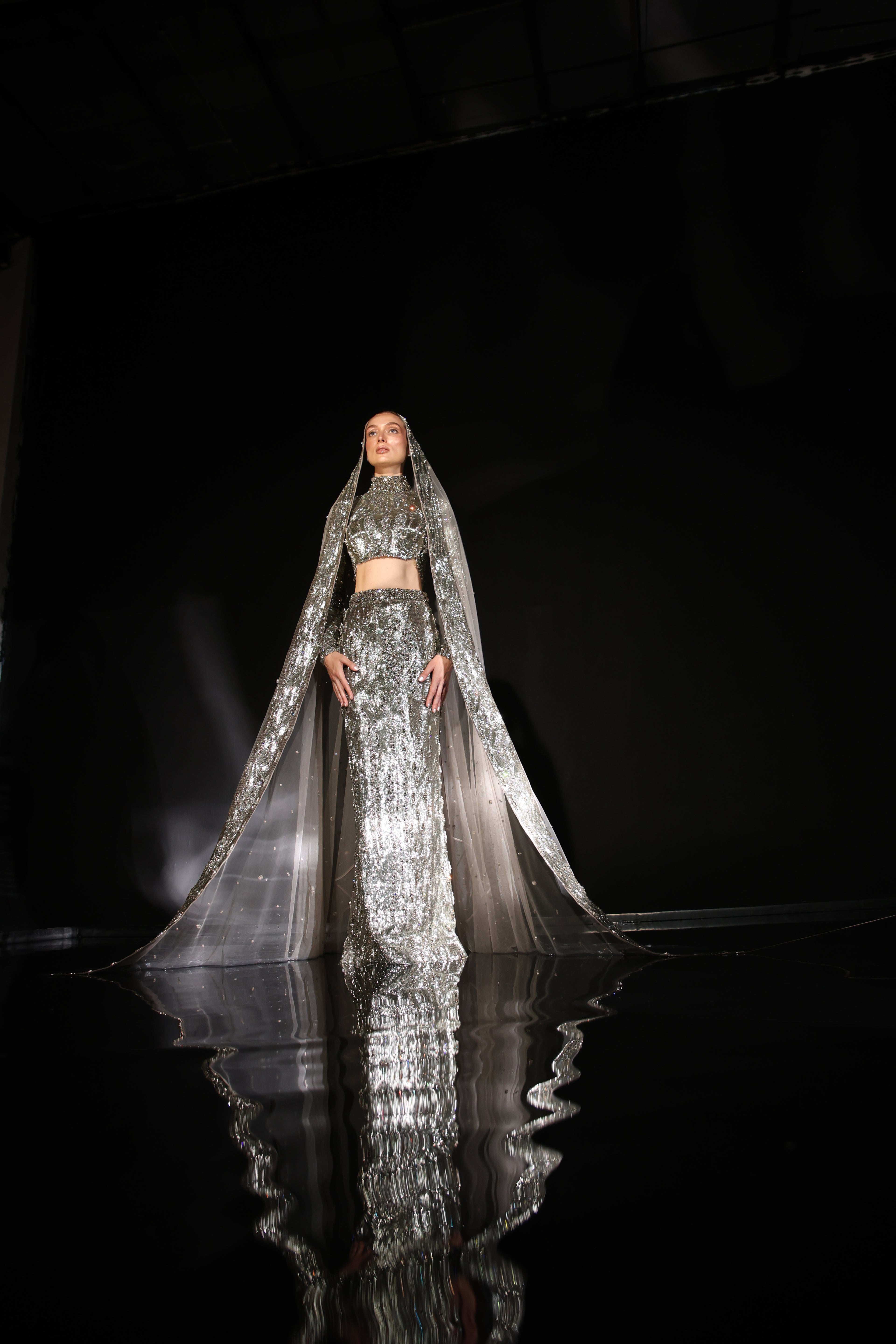 3D Hand-Embroidered Metallic Steel Grey Straight Skirt Set with High-Neck Top & Head Veil