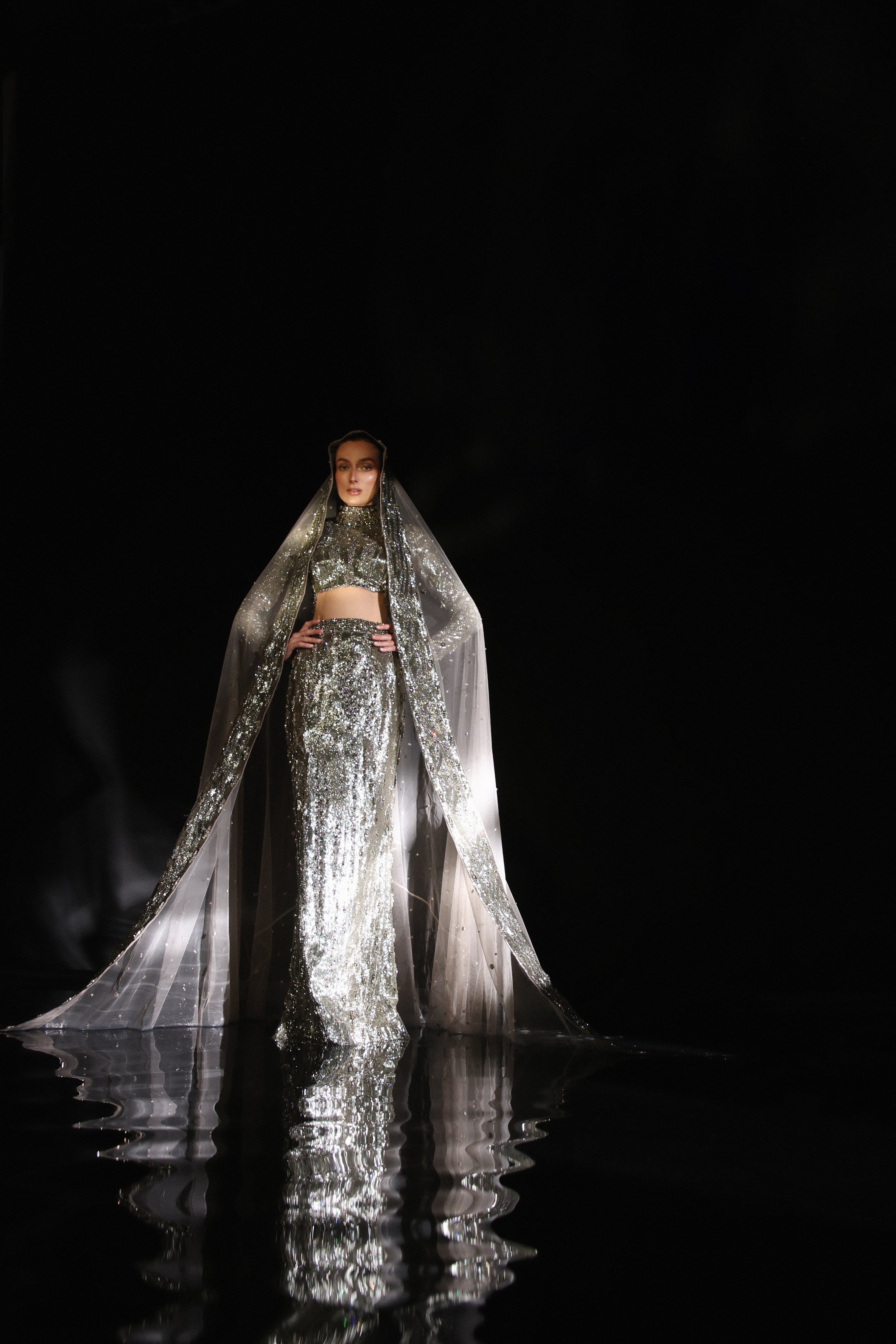 3D Hand-Embroidered Metallic Steel Grey Straight Skirt Set with High-Neck Top & Head Veil