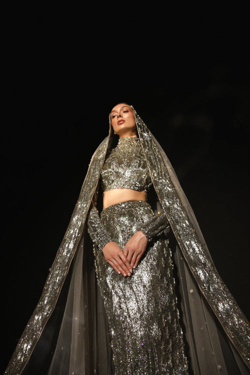 3D Hand-Embroidered Metallic Steel Grey Straight Skirt Set with High-Neck Top & Head Veil