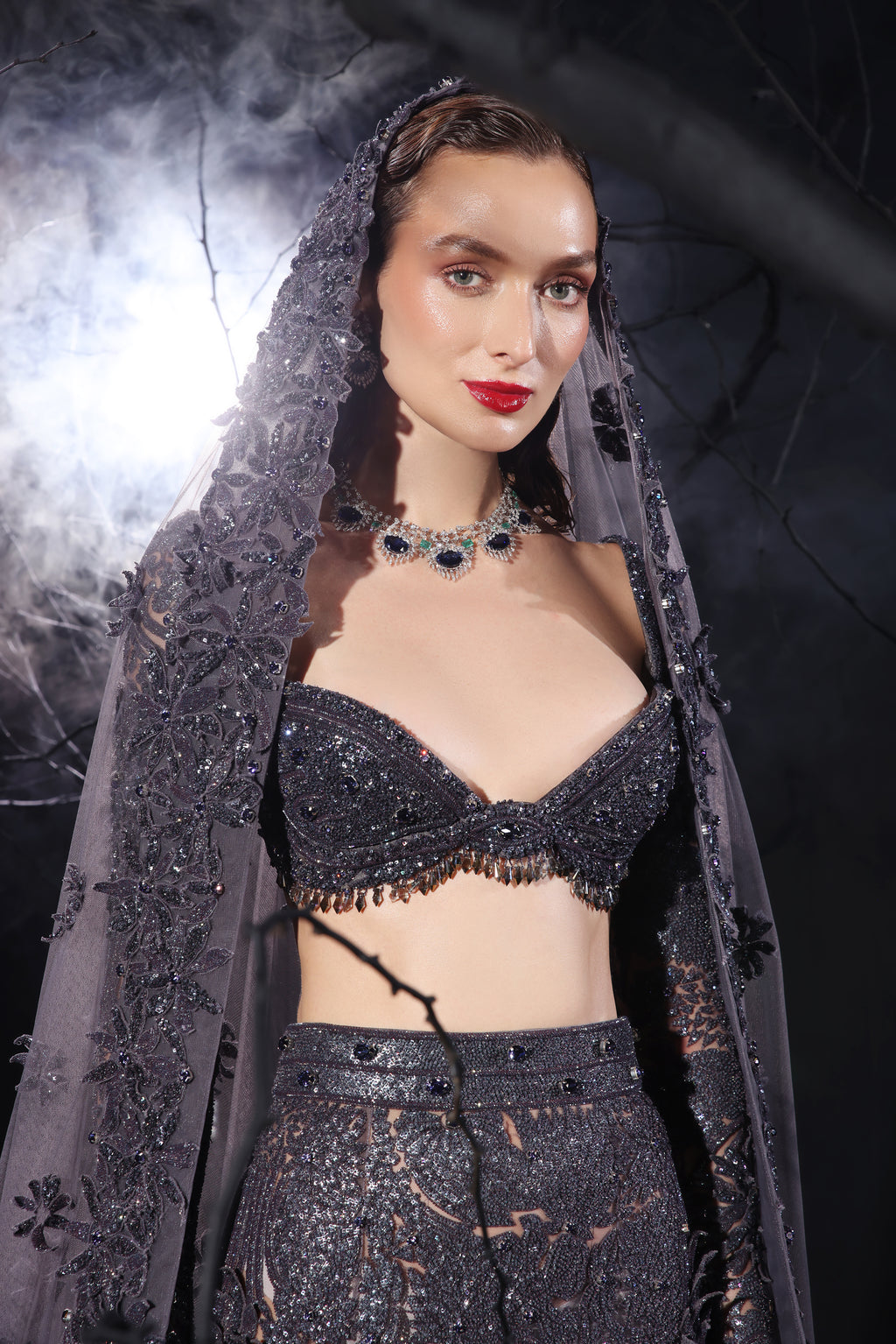 Persian Night 3D Embroidered Fish-Cut Skirt, Deep-Neck Choli & Head Trail