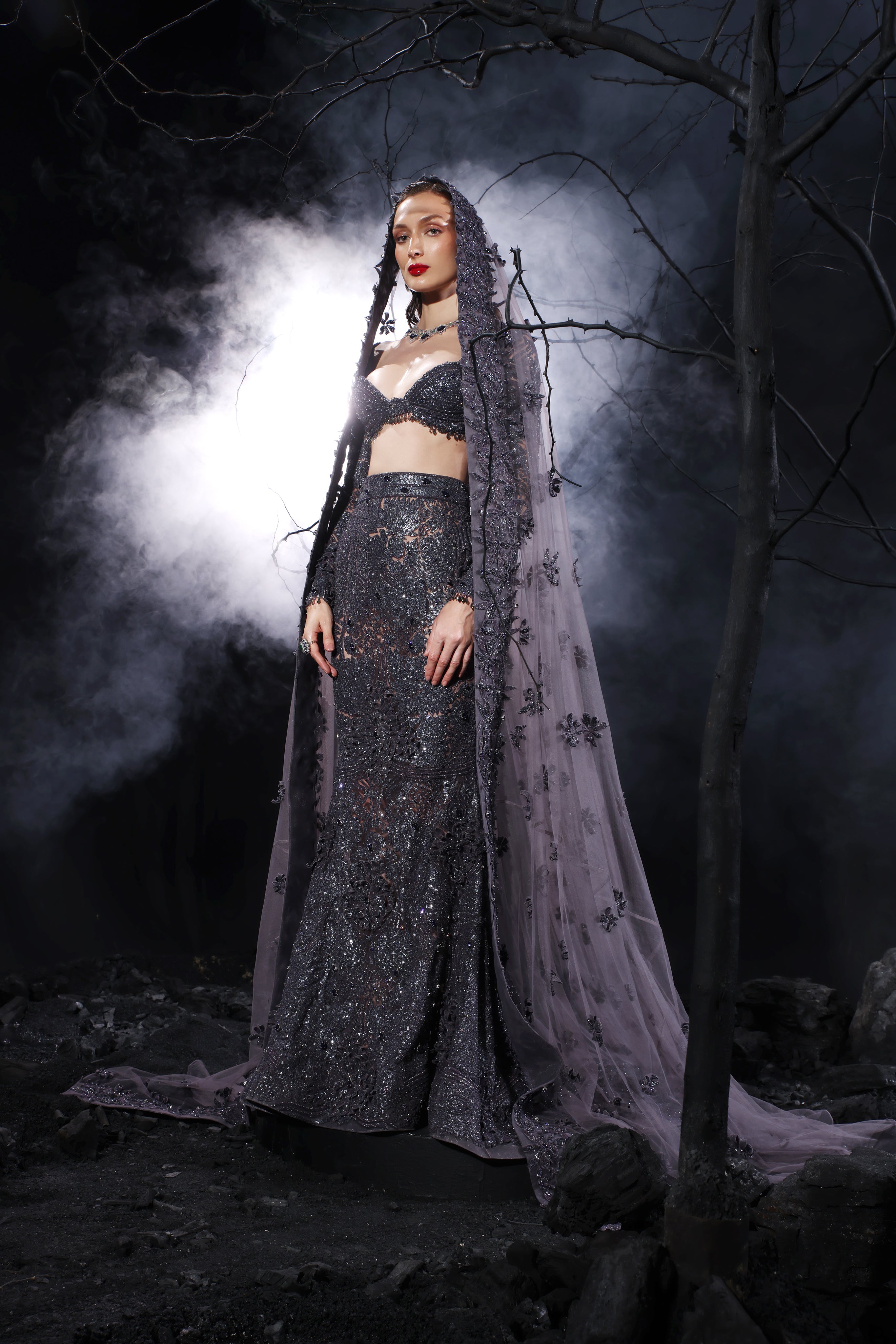 Persian Night 3D Embroidered Fish-Cut Skirt, Deep-Neck Choli & Head Trail