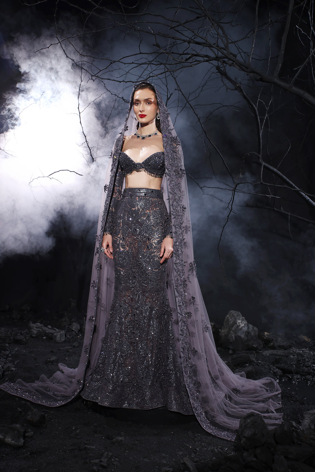 Persian Night 3D Embroidered Fish-Cut Skirt, Deep-Neck Choli & Head Trail